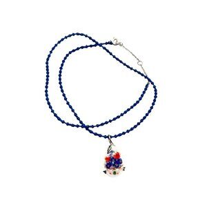 Petite Blue Floral Cameo Style Necklace Sterling Silver Setting Red And Blue